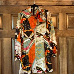 Tie Neck Chain Print Skater Dress - Rust